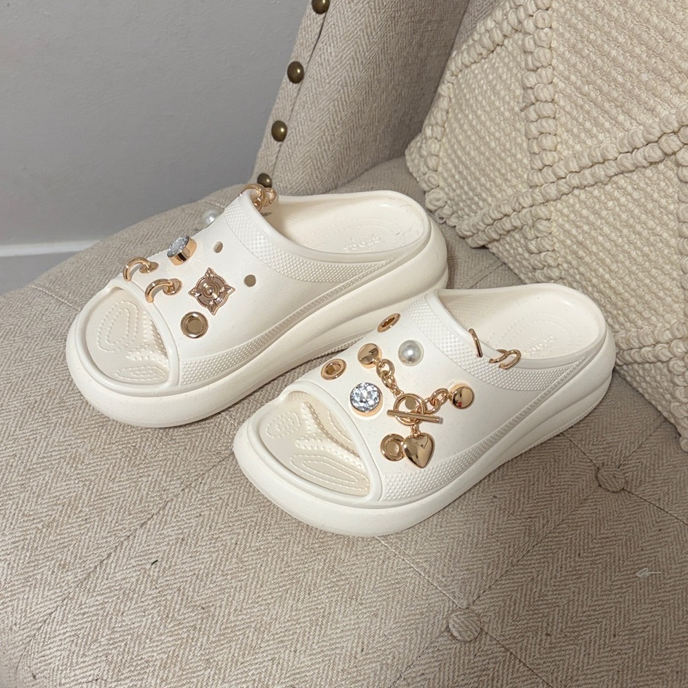 CROCS Cream Platform Slide Sandals with Gold Charm Accents